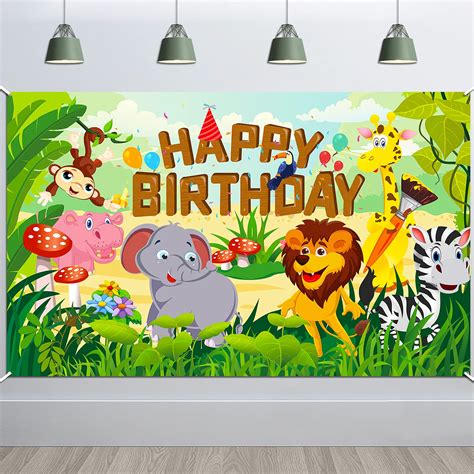 Howaf Fabric Happy Birthday Banner For Jungle Animal Theme Birthday ...