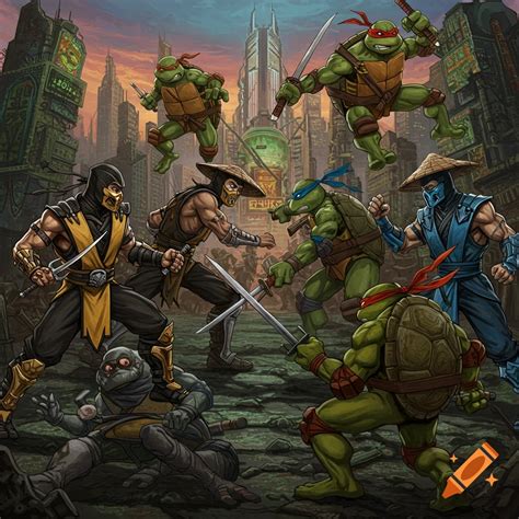 Ninja Turtles battle Mortal Kombat characters Scorpion, Sub-Zero, and ...