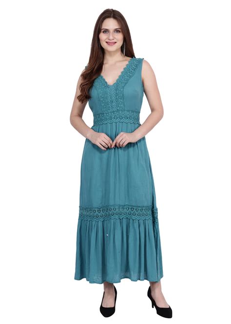 Get Lace Detail Solid Blue Layered Maxi Dress at ₹ 649 | LBB Shop