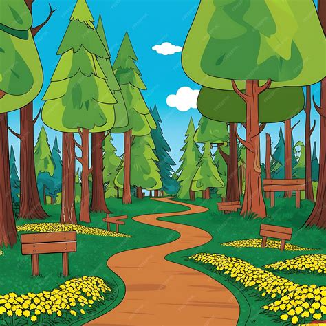An illustration of a Dora the explorer cartoon style scene of a forest There are tall trees with ...