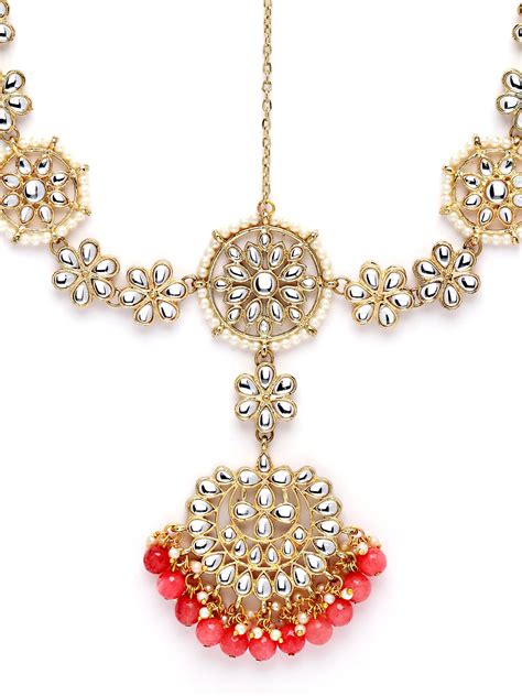 Karatcart Gold Plated Floral Peach Beads Kundan Mathapatti for Women