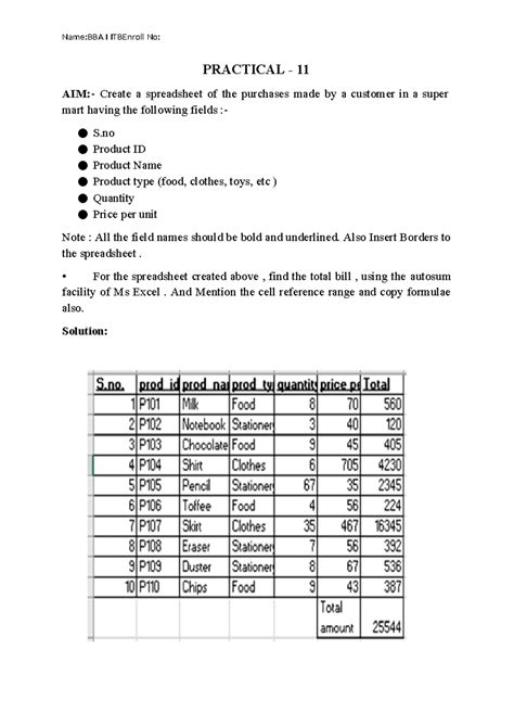 Practicals(11-16) ITB - PRACTICAL - 11 AIM:- Create a spreadsheet of ...