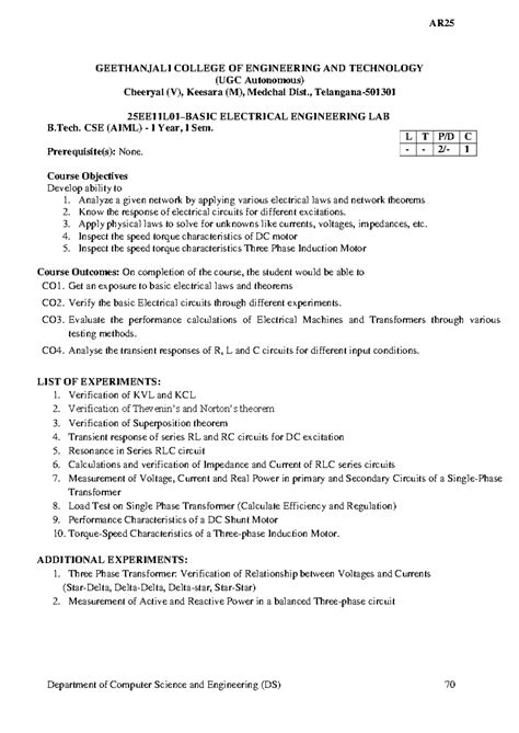 BEE LAB: Basic Electrical Engineering Experiments for B.Tech CSE (AIML ...
