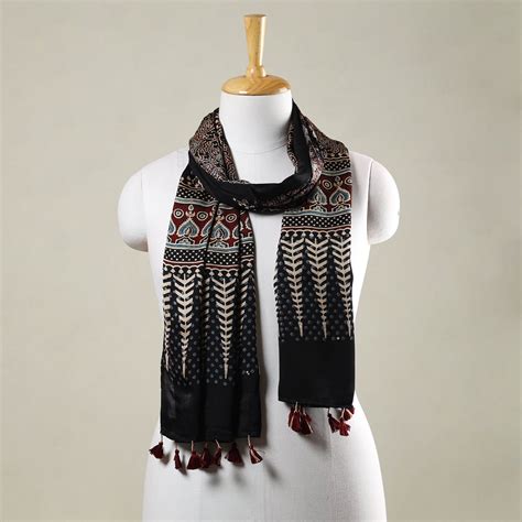 Black Ajrakh Hand Block Printed Modal Silk Stole with Tassels