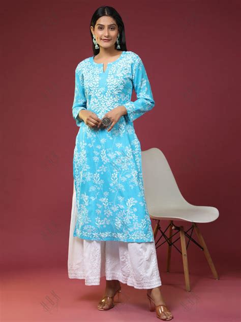 Samma Mul Printed Hand Embroidery Chikankari Kurta- Light Blue - House ...