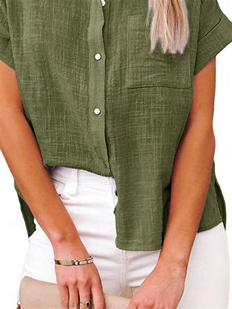 Women's Shirt Cotton Linen Shirts Button Up Blouse Solid Color Basic ...