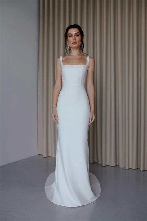 Minimalist Square Neck Crepe Wedding Dress Simple Square Neckline Sheath Wedding Dress ...