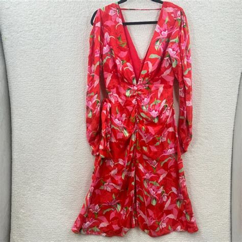 La Maison Talulah Red Pink Floral Deep V Long Sleeve Belted Dress ...