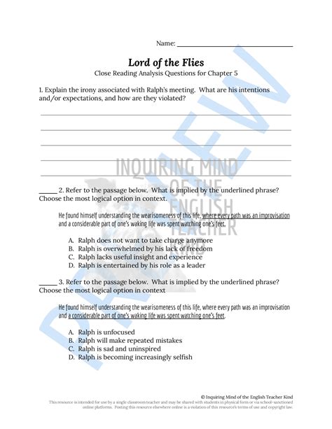 Lord of the Flies Chapter 5 Close Reading Analysis Worksheet | Teaching ...