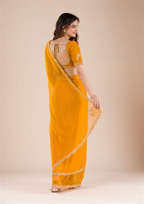 Buy Mustard Stonework Chiffon Saree - Koskii