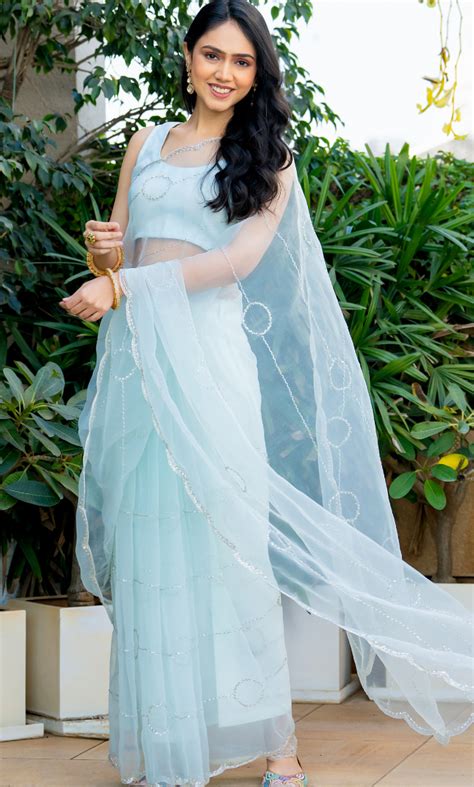 sky blue zigzag circle cutdana lines with stone saree – House Of Jamoti