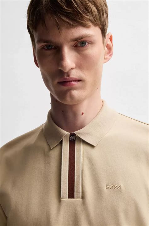 BOSS - Interlock-cotton polo shirt with contrast tipping - Beige in ...