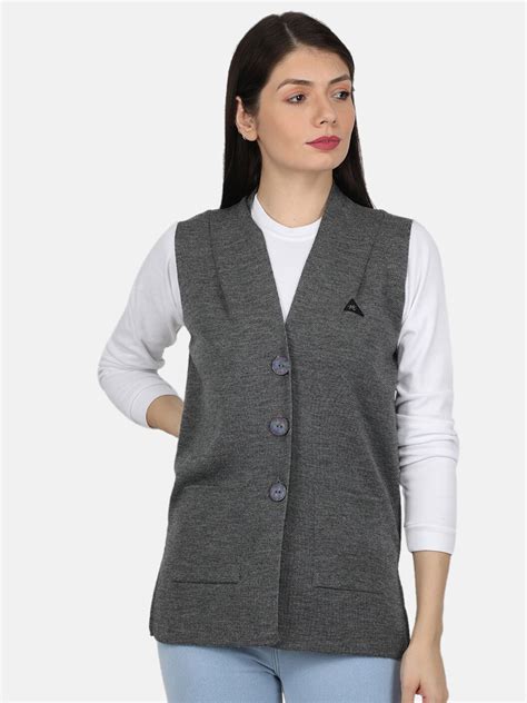 Buy Monte Carlo Women Pure Wool Grey Solid V Neck Cardigan - Sweaters ...