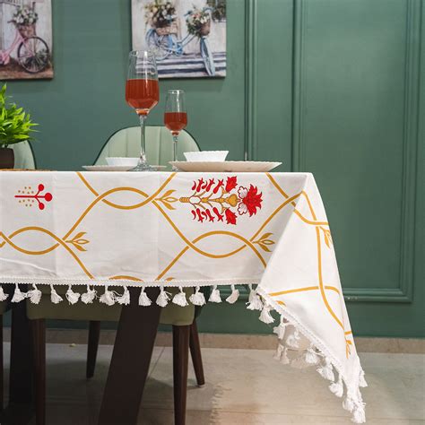 Cotton Dining Table Cover, Printed Cotton Table Cloth with Boho Tassels ...