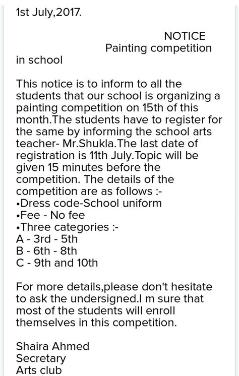 Notice writing Write a notice on painting competition in 50 words ...