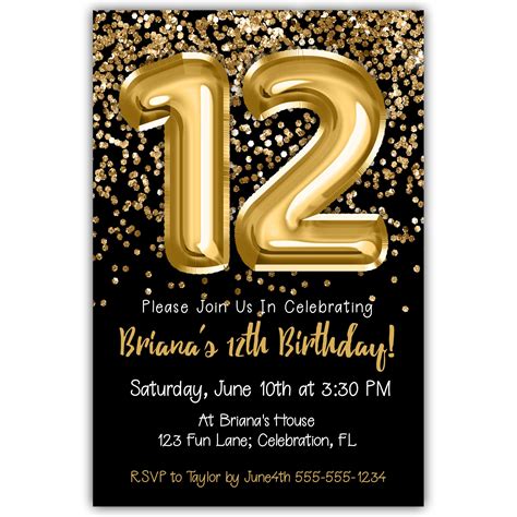 12th Birthday Invitation Gold Balloons Glitter on Black Birthday Party ...
