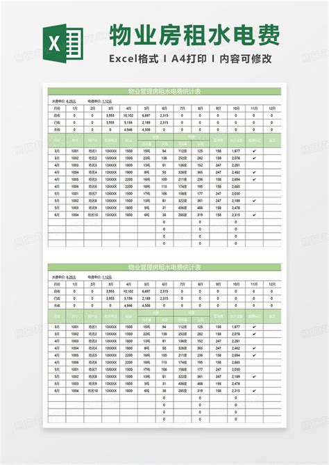 淡绿简约物业管理房租水电费统计表Excel模板下载_熊猫办公