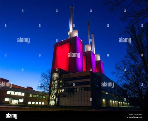 Illuminated cogeneration plant linden in hannover at the blue hour hi ...