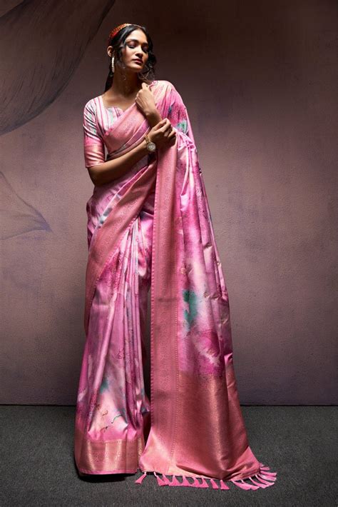 Buy Lotus Pink Banarasi Digital Printed Silk Saree Online - MySilkLove
