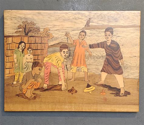 Wood Inlay work wall panel - Children playing outdoor - childhood memo ...