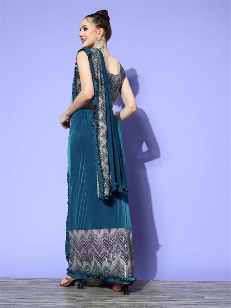 BQGG640 Made to Measure Draped Blue Lycra Ruffles Saree With Sequins ...
