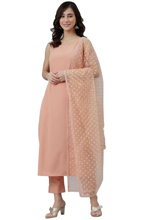 Janasya Women's Peach Poly Crepe Solid Kurta with Pant and Dupatta ...