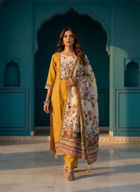 Women Mustard Yellow Pure Viscose Floral Hand-Detail Kurta Set – Geetha ...