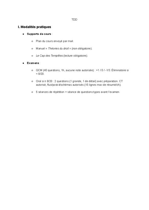 TDD I. Supports de Cours et Modalités Pratiques - Examen et Théories du ...