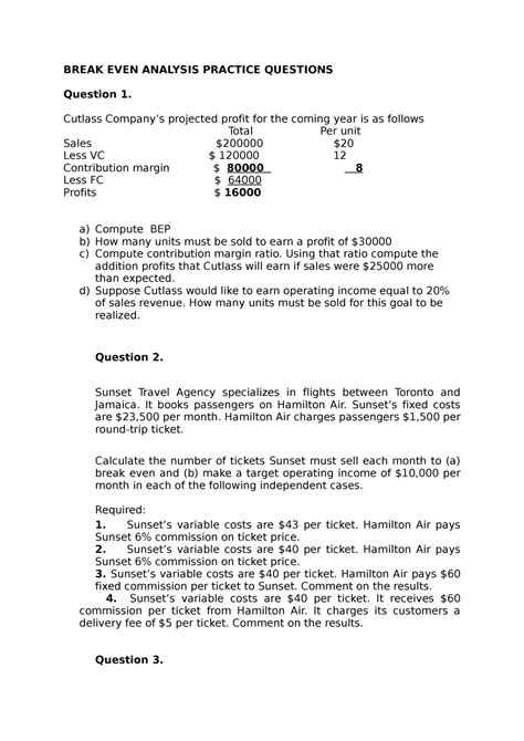 Break+EVEN+ Analysis+ Practice+ Questions - BREAK EVEN ANALYSIS ...