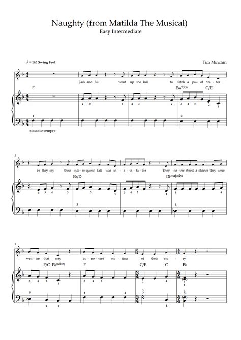 뮤지컬 마틸다 - Naughty (쉬움/중급, 오케스트라와 함께) (팀 민친) - 피아노 악보