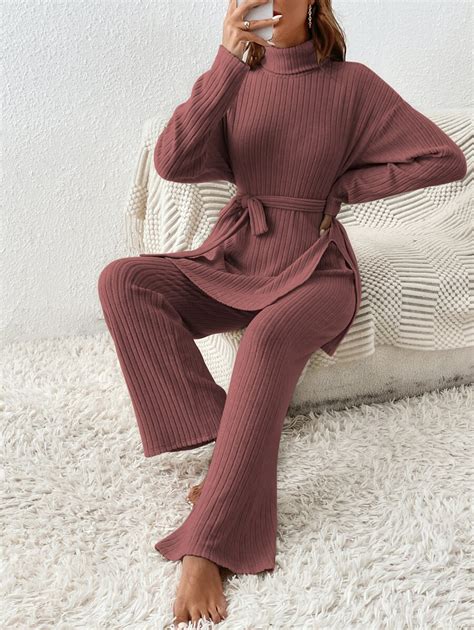 SHEIN Essnce Turtleneck Drop Shoulder Split Hem Belted Tee & Flare Leg ...