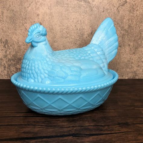 Vintage Westmoreland Large Blue Opaline Milk Slag Glass Nesting Chicken ...