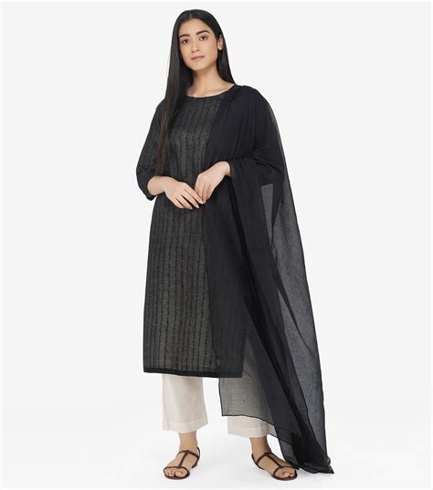 Black Embroidered Cotton Silk Kurta & Dupatta Set – Tulsi Online