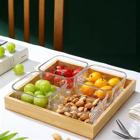 Buy RAAHA Glass 4 Bowl Set with Wooden Tray, Glass Fruit Tray Divided ...