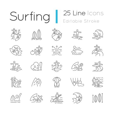 Surfing Linear Icons Set Wave Pack Design Vector, Wave, Pack, Design ...