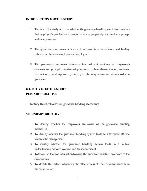 Synopsis - Grievance Handling report - INTRODUCTION FOR THE STUDY 1 ...