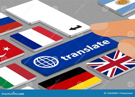 Keyboard with Blue Translate Button - Computer or Laptop with Fingers and Country Flags - Vector ...