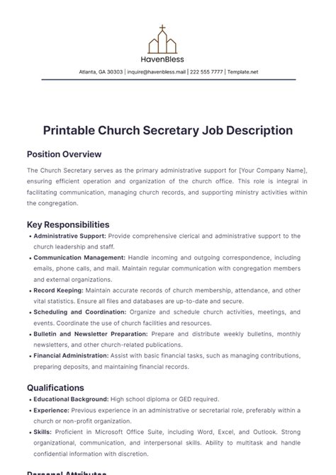Free Printable Church Secretary Job Description Template to Edit Online