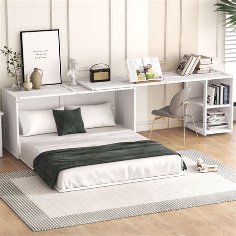 Buy Queen Size Murphy Bed with Rotatable Desk, 3 in 1 Floor Bed Frame ...