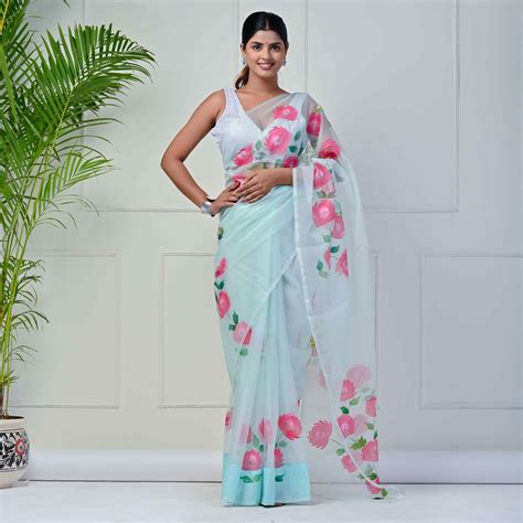 Celeste rose Hand-painted organza saree – Mykaa Jaipur