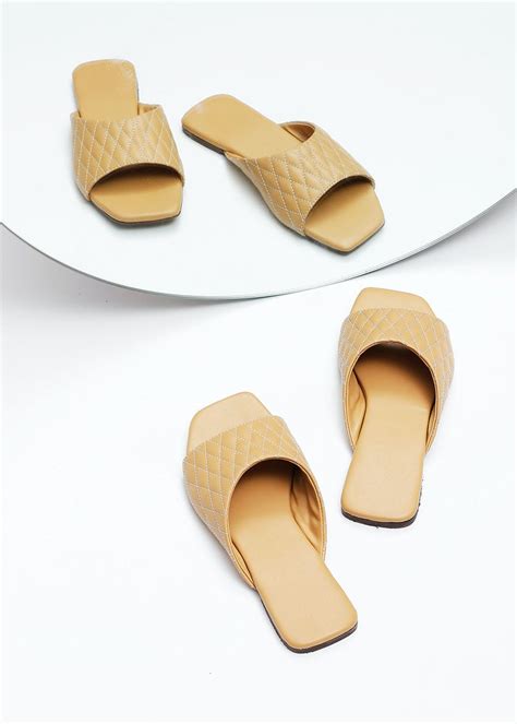 Get Caramel Brown Quilted Cruelty Free Leather Sliders at ₹ 2449 | LBB Shop