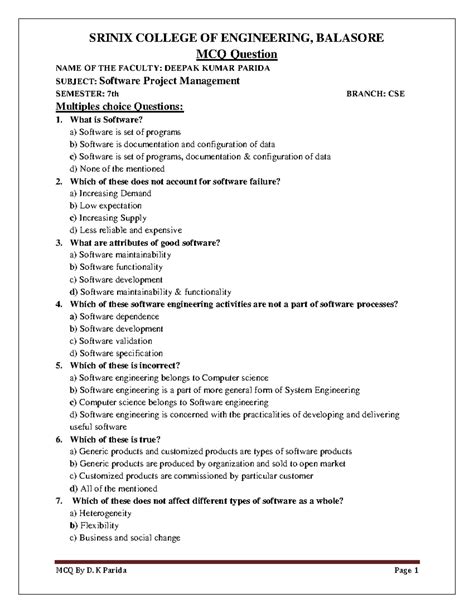 MCQ(SPM) - ontes - SRINIX COLLEGE OF ENGINEERING, BALASORE MCQ Question ...