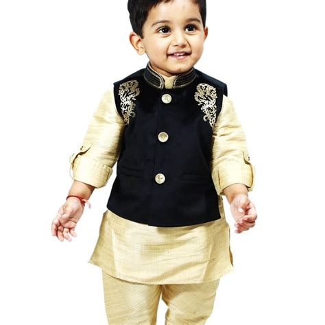 Unique Kids Ethnic Jacket with Navy Blue Kurta and Churidar Pants