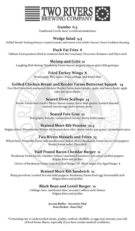 Menu at Two Rivers Brewing pub & bar, Easton