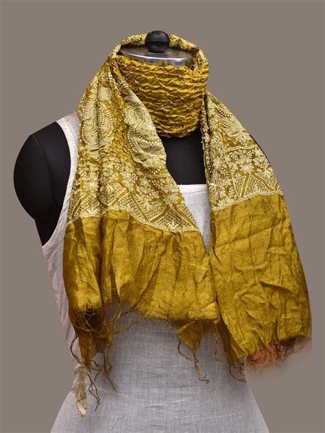 Olive Bandhani Silk Stole with Embroidary Work Design ds2857 – Uppada