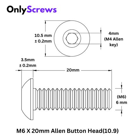 M6 X 20mm Hex (Allen) Button Head High Tensile(10.9) Black oxide screw ...