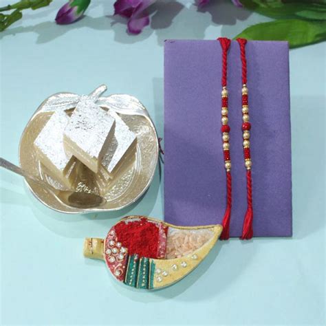 Send Two Pearl Rakhi Set with Kaju Katli Online