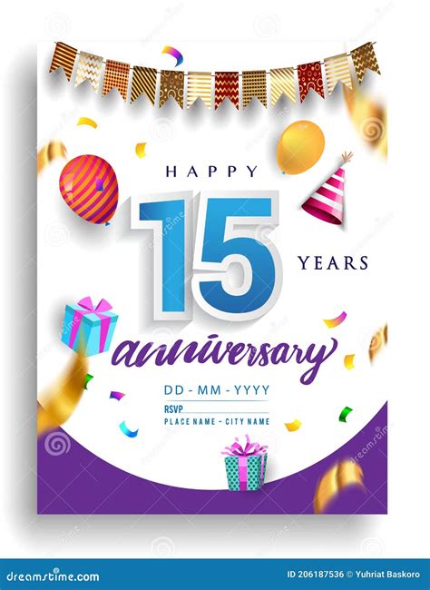15th Years Anniversary Invitation Design, with Gift Box and Balloons ...