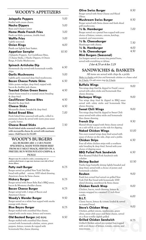 Woody's Bar and Grill menu in Bitely, Michigan, USA