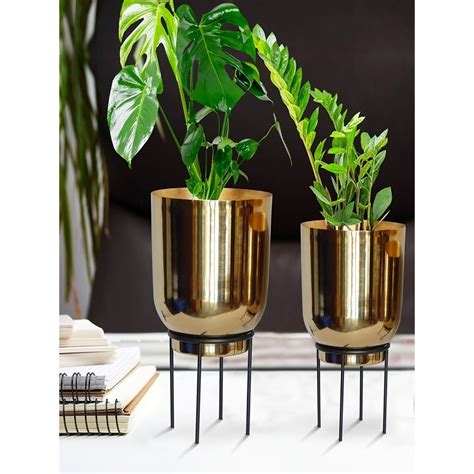 Buy Ecofynd Eva Gold Metal Plant Pot With Stand (Set Of 2) Online